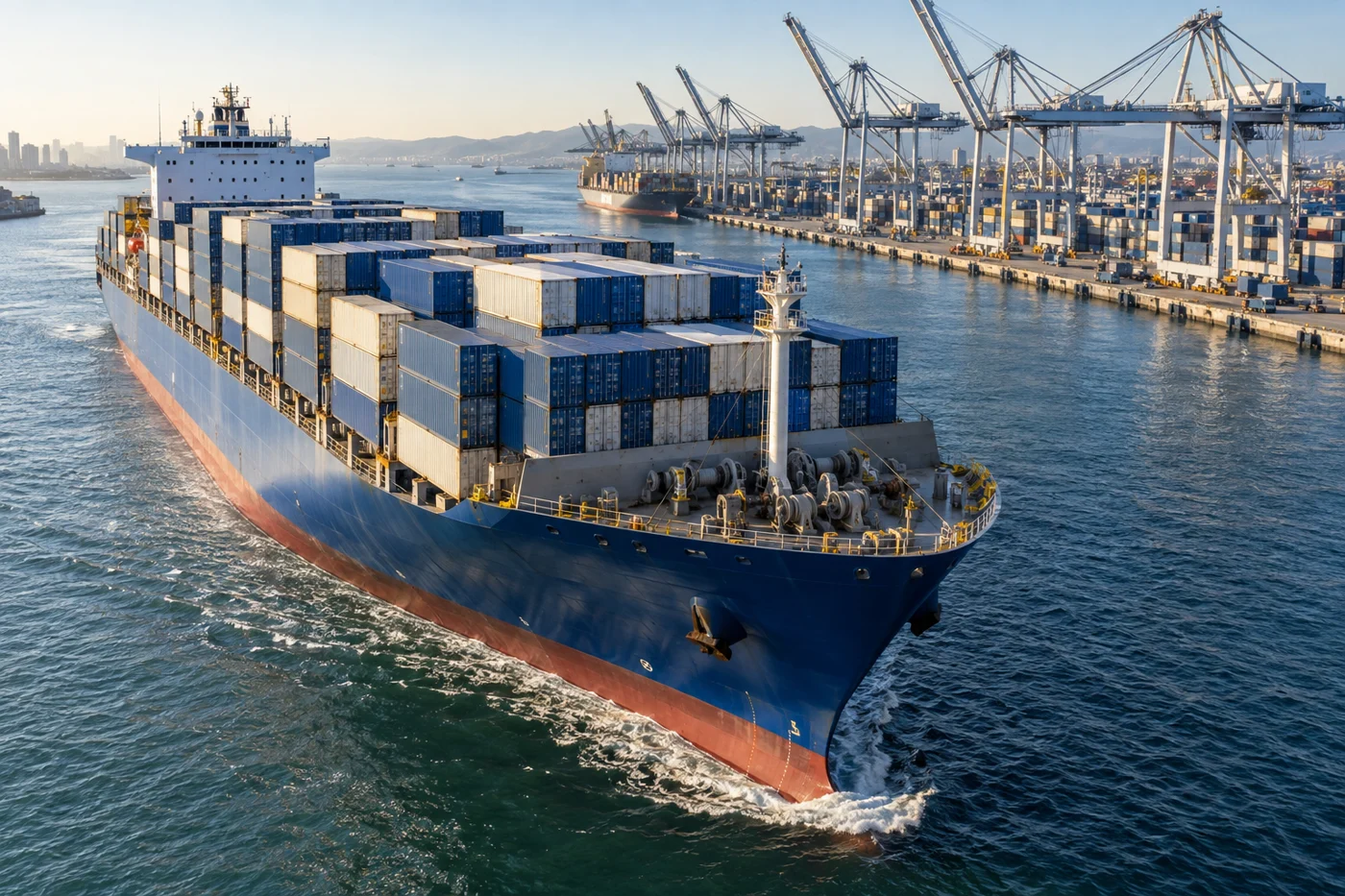 Buque portacontenedores en una terminal, imagen conceptual de logística internacional